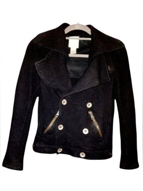 Diesel Y2K Black Moto Jacket Cropped Thin Wool Double Breasted Vintage Coat XS S